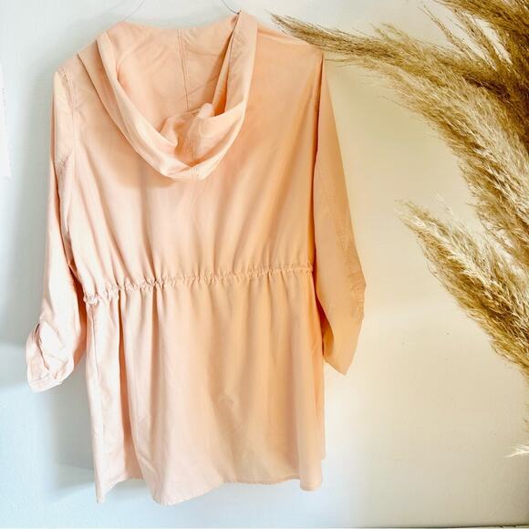 F21 FOREVER 21 Peach Pink Offset Zipper Light Hooded Anorak Trench Coat Jacket L - Picture 10 of 11
